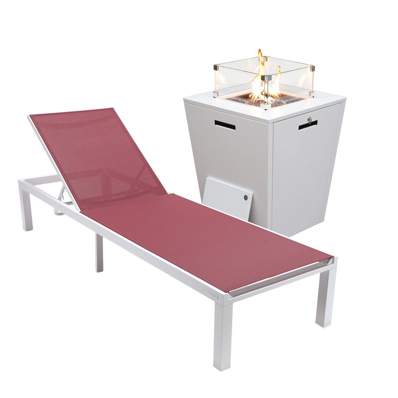 LeisureMod Marlin Modern Black Aluminum Outdoor Patio Chaise Lounge Chair in White Frame with Square Fire Pit Side Table