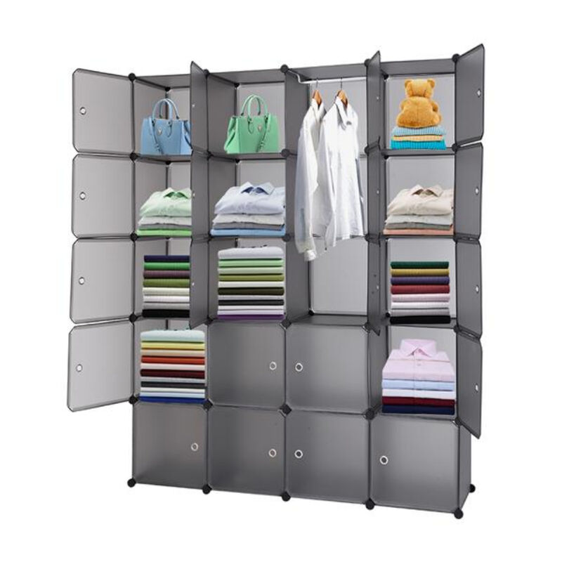 Multi-Functional 20-Cube Plastic Storage Shelves, Modular Closet Organizer with Hanging Rod & Doors