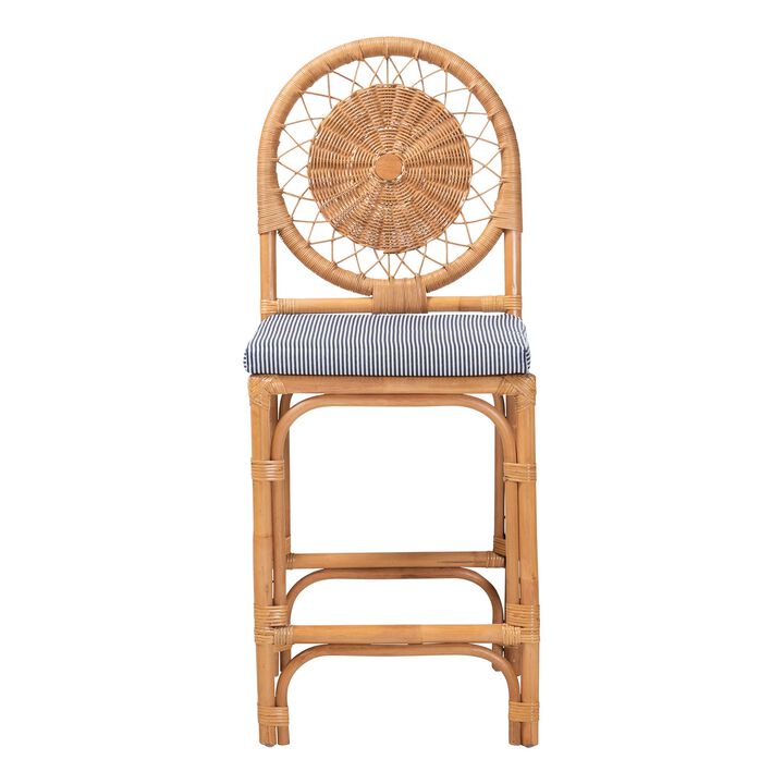 bali & pari Oberon Natural Rattan Counter Stool with Cushion - Handwoven Wicker Kitchen Island Seating with Sunburst Backrest