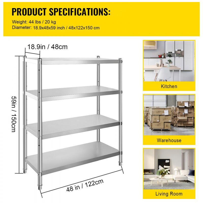 4 Tier Stainless Steel Shelving Unit, Adjustable Heavy Duty Storage Rack for Kitchen and Garage image number 2
