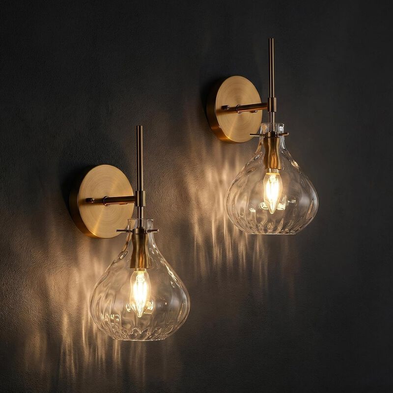 Gold Wall Sconces Set of Two, Hammered Glass Vanity Wall Lamps image number 3