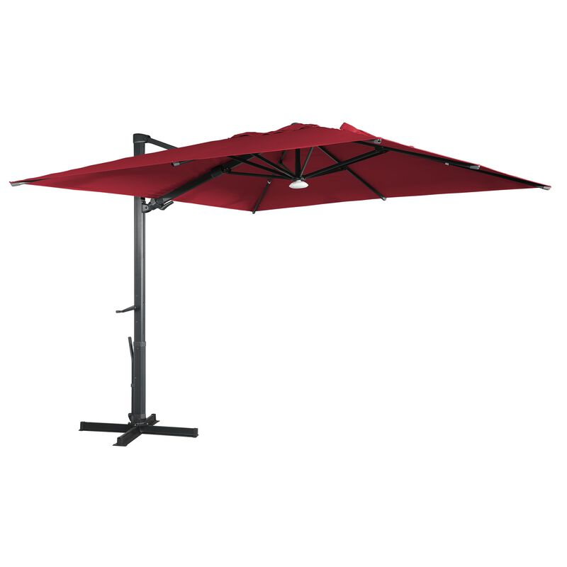 10x10 ft. 360°Rotation Square Cantilever Patio Umbrella with Bluetooth Speaker and LED Light in Red