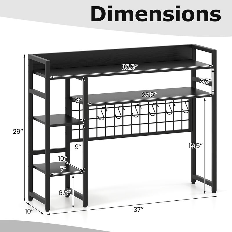4-Tier Office Desk Shelf with Metal Grid Panel and Multiple Hooks