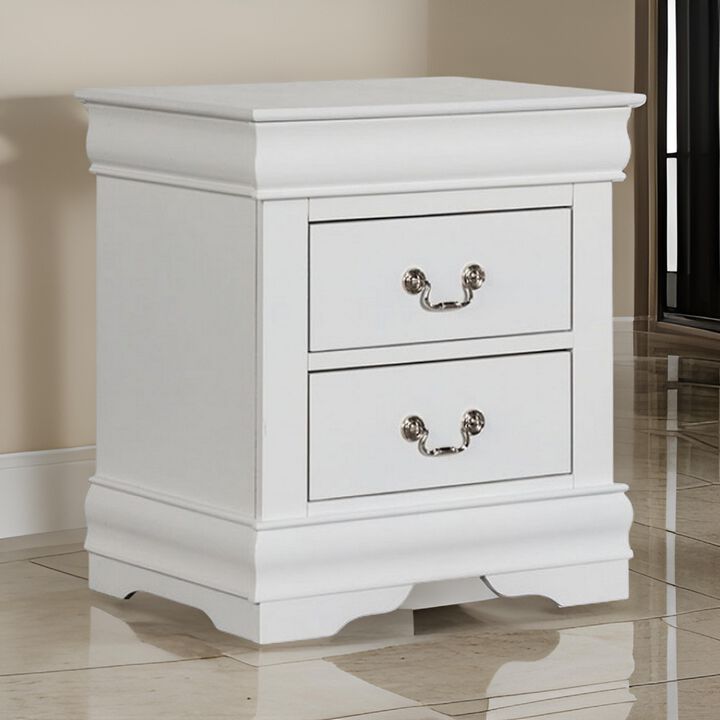 Ryla Nightstand, 2 Drawers, Classic White Solid Wood, Nickel Metal Handles - Benzara