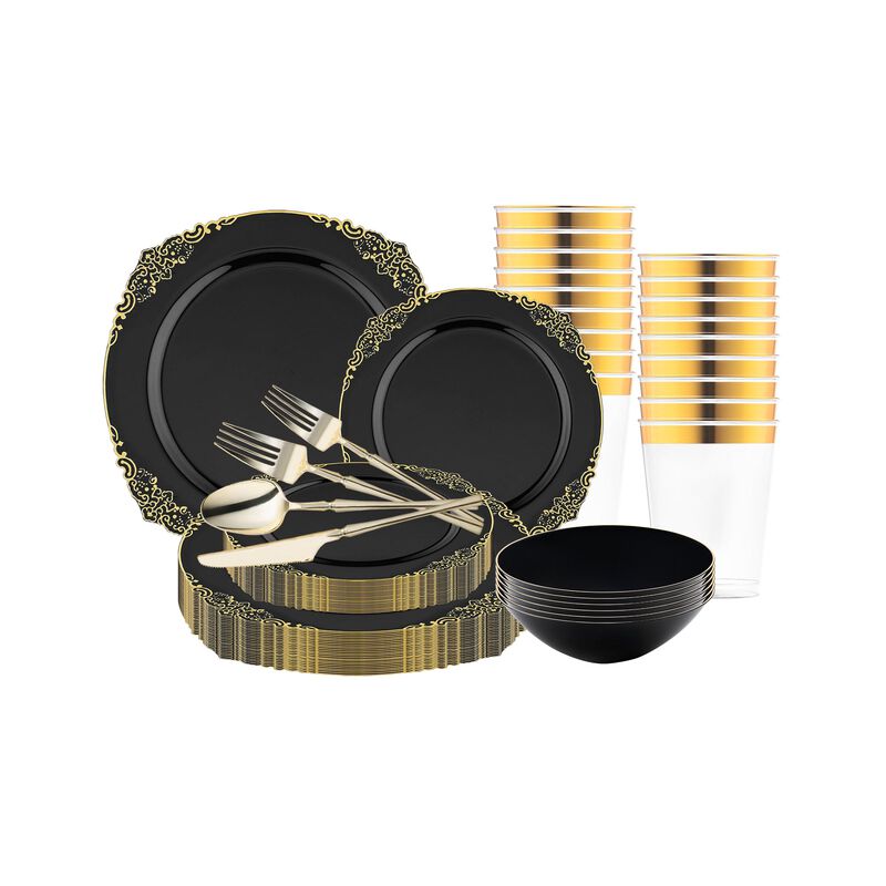 Black with Gold Fancy Round Plastic Tableware Set (120 Sets) image number 2
