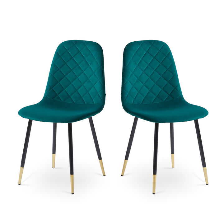 Dark Green Velvet Tufted Accent Chairs with Golden Color Metal Legs, Modern Dining Chairs for Living Room, Set of 2