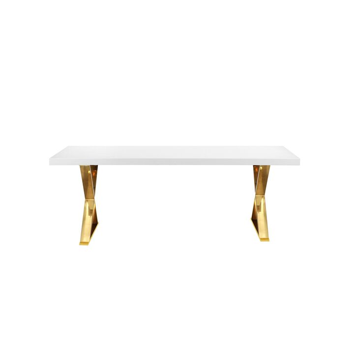 Rix 87 Inch Dining Table, Rectangular White Top, Gold Finished Metal Base