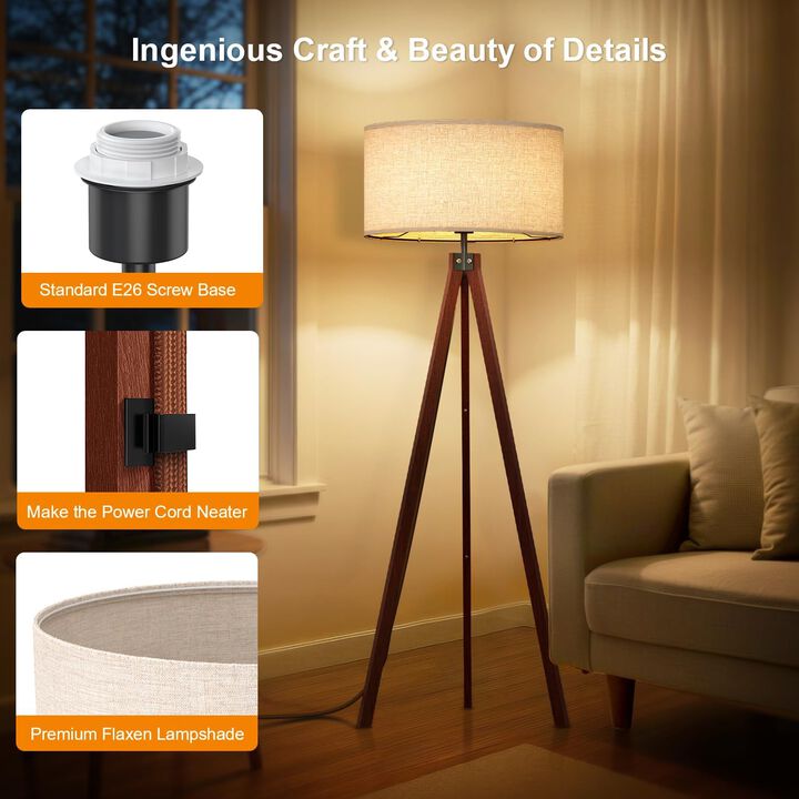 LEPOWER Wood Tripod Floor Lamp, Mid Century Standing Lamp, Studying Light for Living Room, Bedroom, Study Room and Office, Flaxen Linen Shade