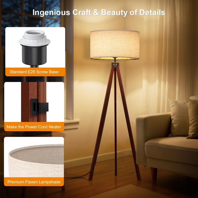 LEPOWER Wood Tripod Floor Lamp, Mid Century Standing Lamp, Studying Light for Living Room, Bedroom, Study Room and Office, Flaxen Linen Shade image number 1