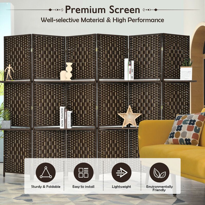 6 Panel Folding Weave Fiber Room Divider With 2 Display Shelves