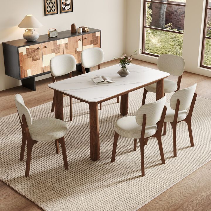 7 Piece Sintered Stone Dining Table Set with 6 Upholstered Chairs, rectangular solid wood dining set, farmhouse dining room furniture set