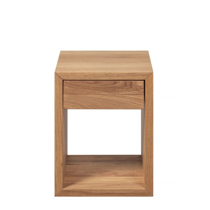 Narrow Unfinished Mid-Century Modern Solid Oak Wood Floating Nightstand with Drawer - Bedside Table for Bedroom