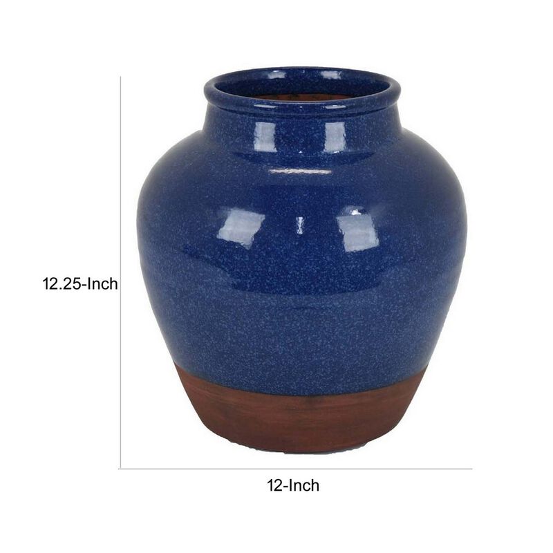 Venny 12 Inch Ceramic Flower Vase, Two Tone Antique Blue and Brown Finish - Benzara
