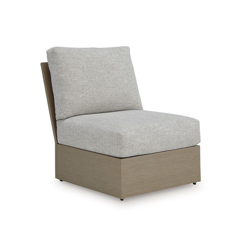 Isle Outdoor Armless Chair, Gray Cushion, Woodlike Brown Metal Frame - Benzara