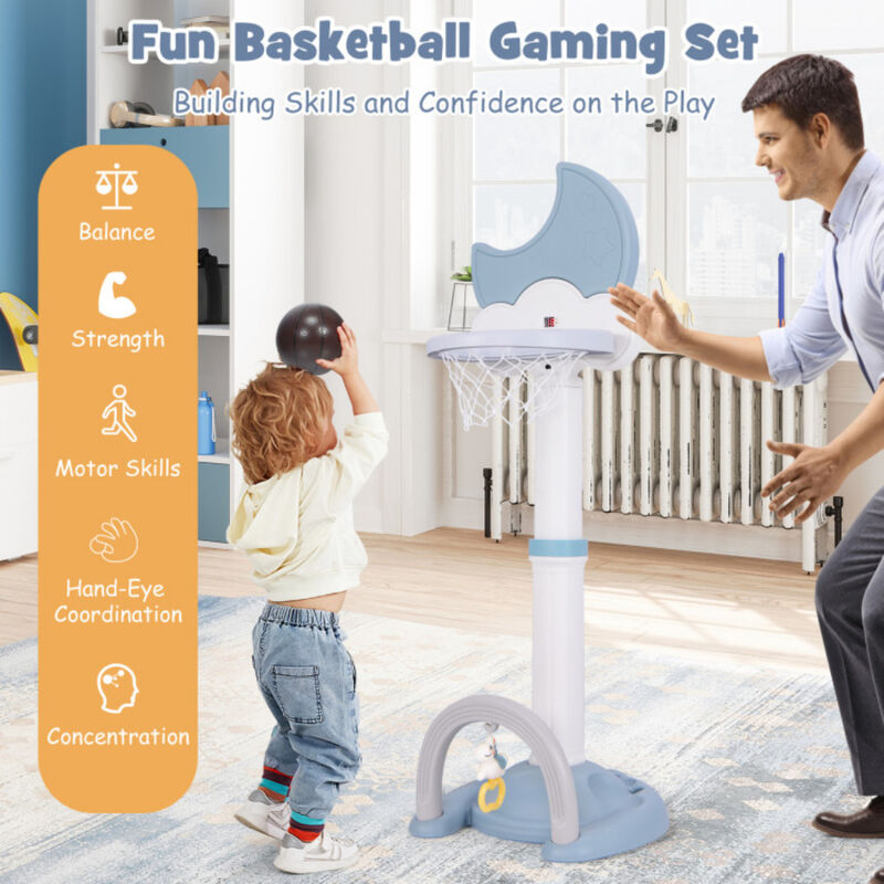 Kids 4 In 1 Basketball Hoop Play Set with Moon Shaped Electronic Scoreboard-Blue image number 4