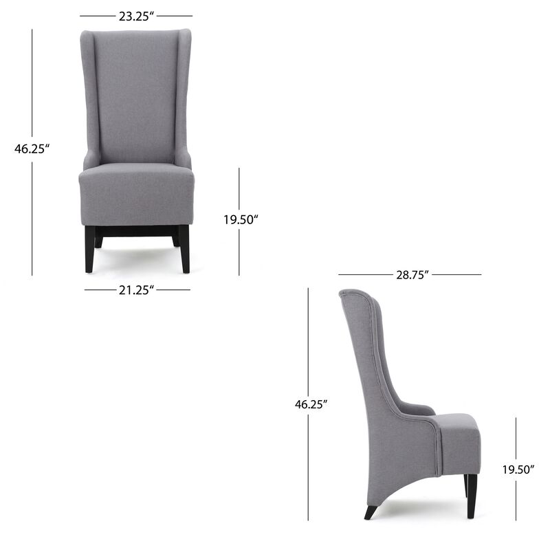 Becca Dining Chair, High Wingback Brown Birch Wood, Light Gray Fabric - Benzara