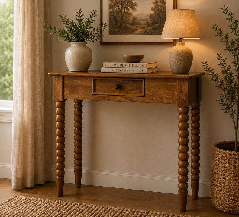 Artisan Furniture Solid Wood Amber Oak Spindle Console Table, 1 Drawer, Brown