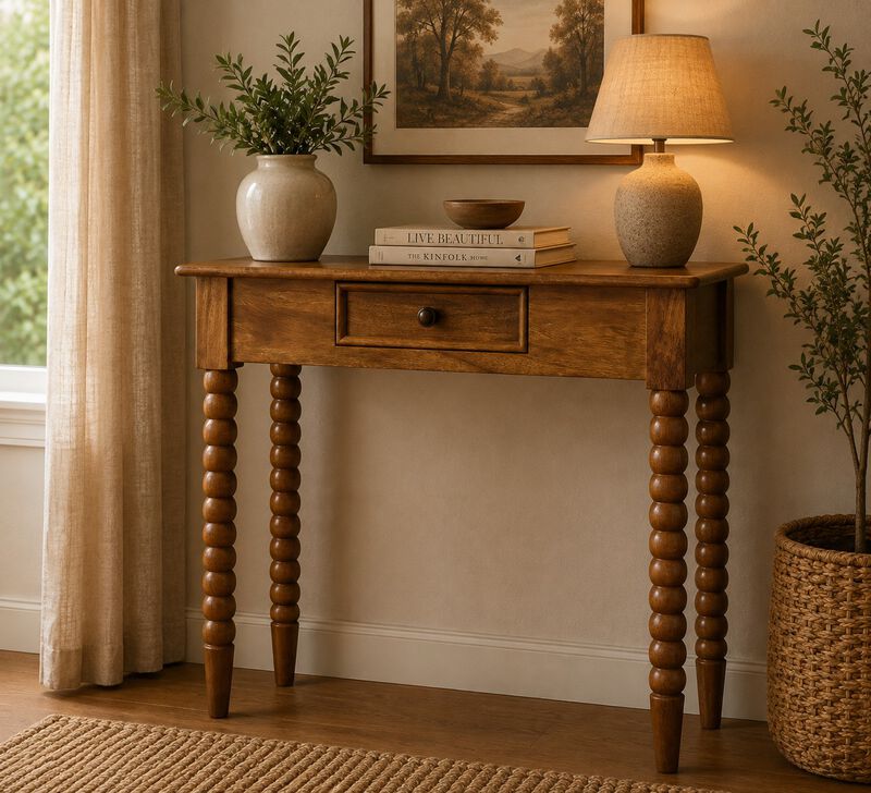 Artisan Furniture Solid Wood Amber Oak Spindle Console Table, 1 Drawer, Brown image number 1
