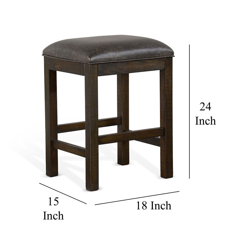 Flint Counter Stool, Faux Leather Seat, 24 Inch High, Dark Brown Wood - Benzara