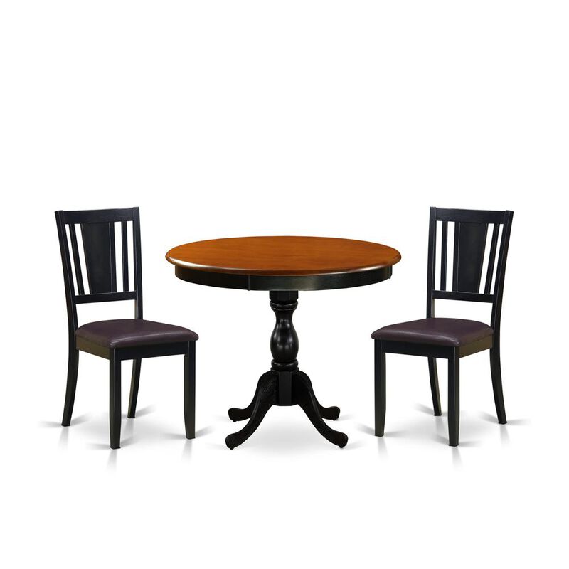 East West Furniture 3-Pc Dining Room Table Set Contains a Mid Century Dining Table and 2 Faux Leather Dining Chairs with Panel Back - Black Finish