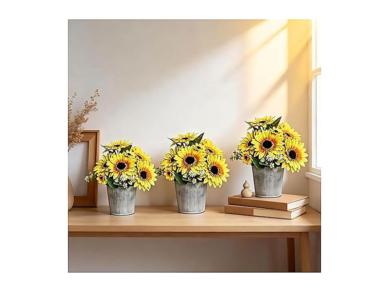 3 Pack Artificial Sunflower Arrangement In Galvanized Metal Pot Faux Bouquet image number 2