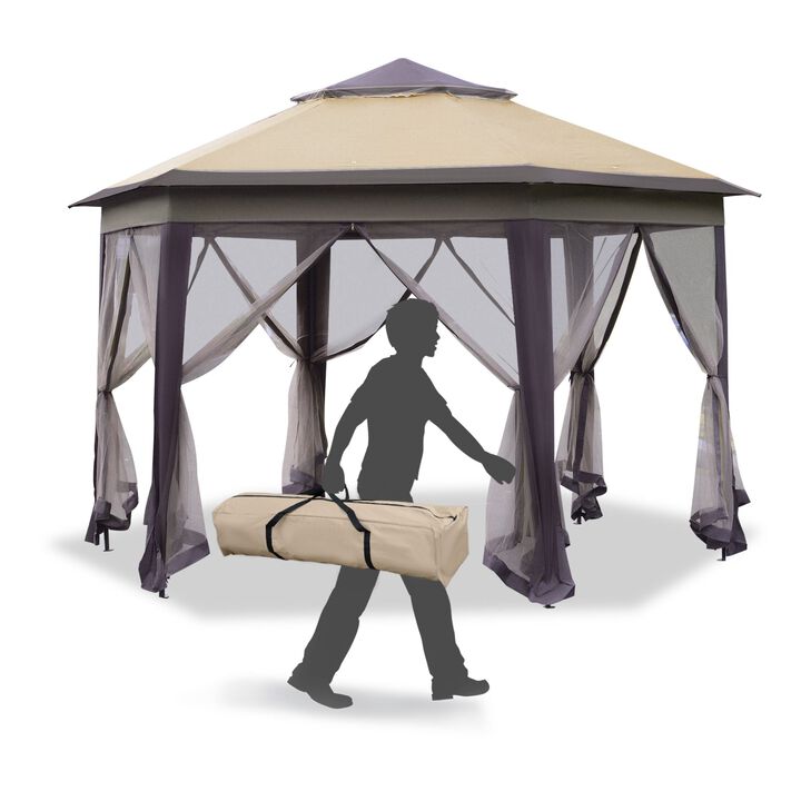 Hexagonal Event Tent: Pop Up Gazebo with 6 Zippered Mesh Netting, Steel Frame, 13.3' x 13.3'