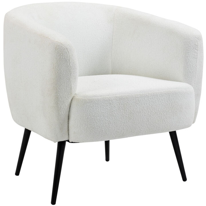 HOMCOM Teddy Fleece Fabric Accent Chair, Mid Century Modern Barrel Armchair with Metal Legs and Soft Padding, Upholstered Single Sofa Side Chair for Living Room, Cream