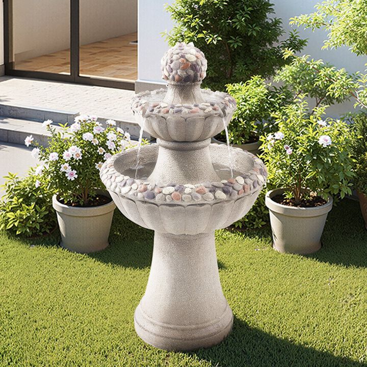 2-Tier Outdoor Water Fountain with Pump, Rock Style Garden Waterfall Fountain