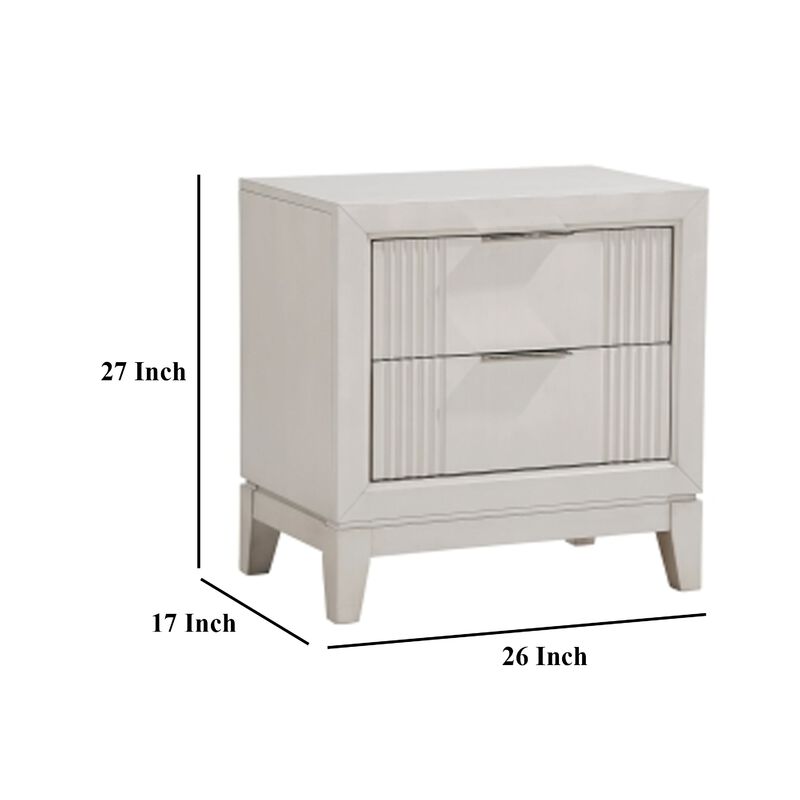 Flo Nightstand, 2 Drawers, Antique White Wood, Chrome Edge Handles - Benzara