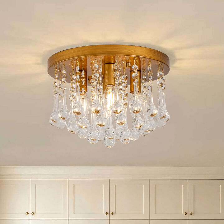 Jojospring 11.8" Claudia 4-Light Flush Mount with Clear Crystal Drops - Medium-gloss Brushed Brass