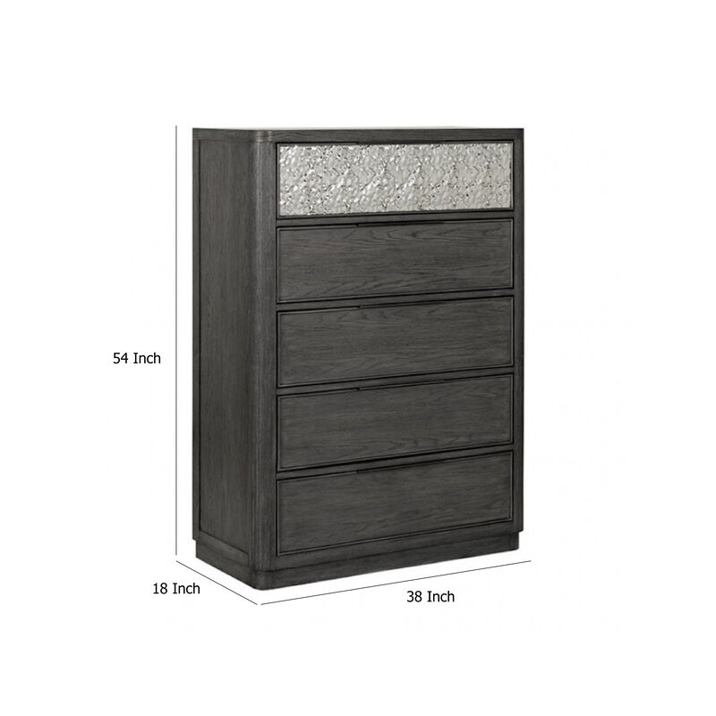 Zoko Tall Dresser Chest, 5 Drawers, Textured Metal Accents, Ash Gray - Benzara