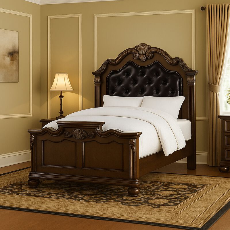Ornated Carved & Upholstered Black PU Tufted Wooden E.King Bed Dark Walnut - Benzara