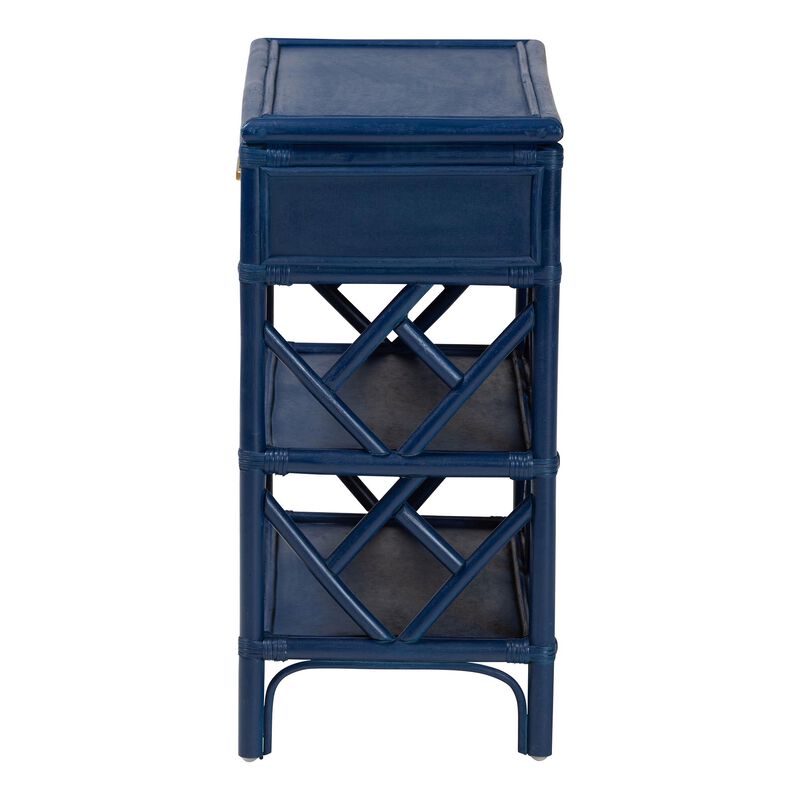 bali & pari Daina Natural Rattan Nightstand with Drawer and Open Shelves– Coastal Bedside Table with Geometric Design, Blue