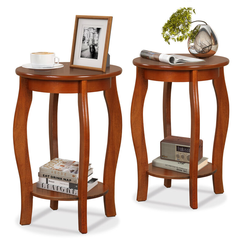 Set of 2 Round End Tables with 2-Tier Storage Shelf for Living Room or Bedroom