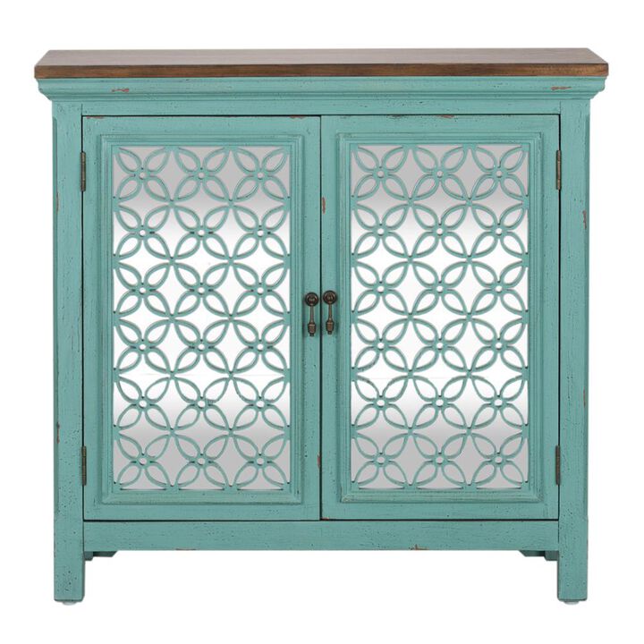 Liberty Furniture Kensington 2 Door Accent Cabinet in Turquoise w/ Worn Wood Tone Top