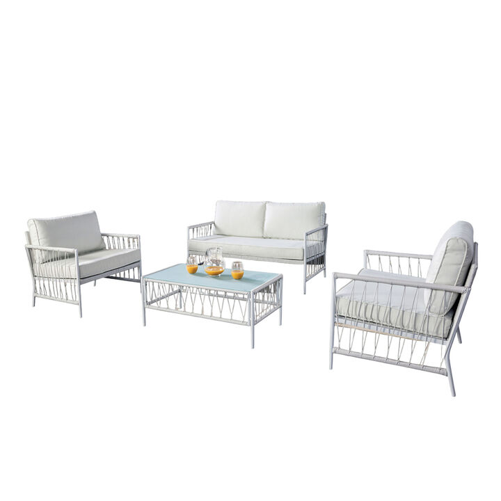 Hema 4 Piece Patio Set with 2 Chairs, Table, and Sofa, White Fabric, Metal - Benzara