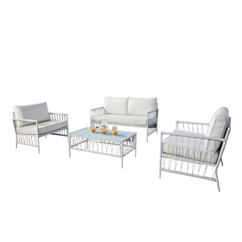 Hema 4 Piece Patio Set with 2 Chairs, Table, and Sofa, White Fabric, Metal - Benzara