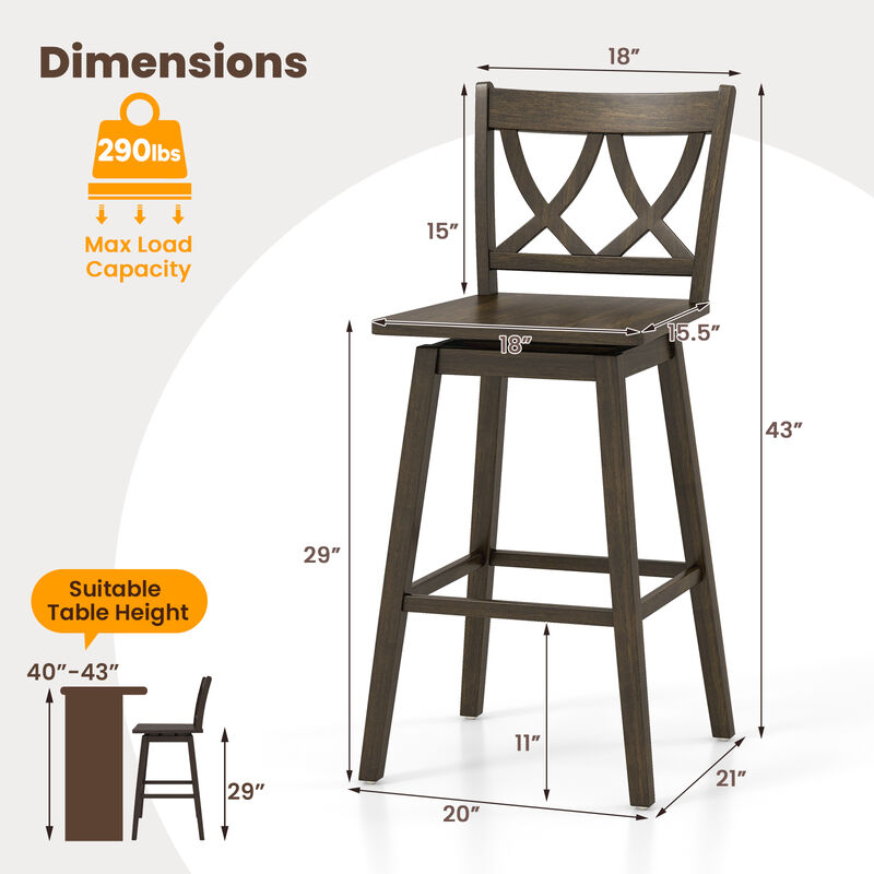 Bar Stool Set of 2 Wooden Bar Chairs with Rubber Wood Frame