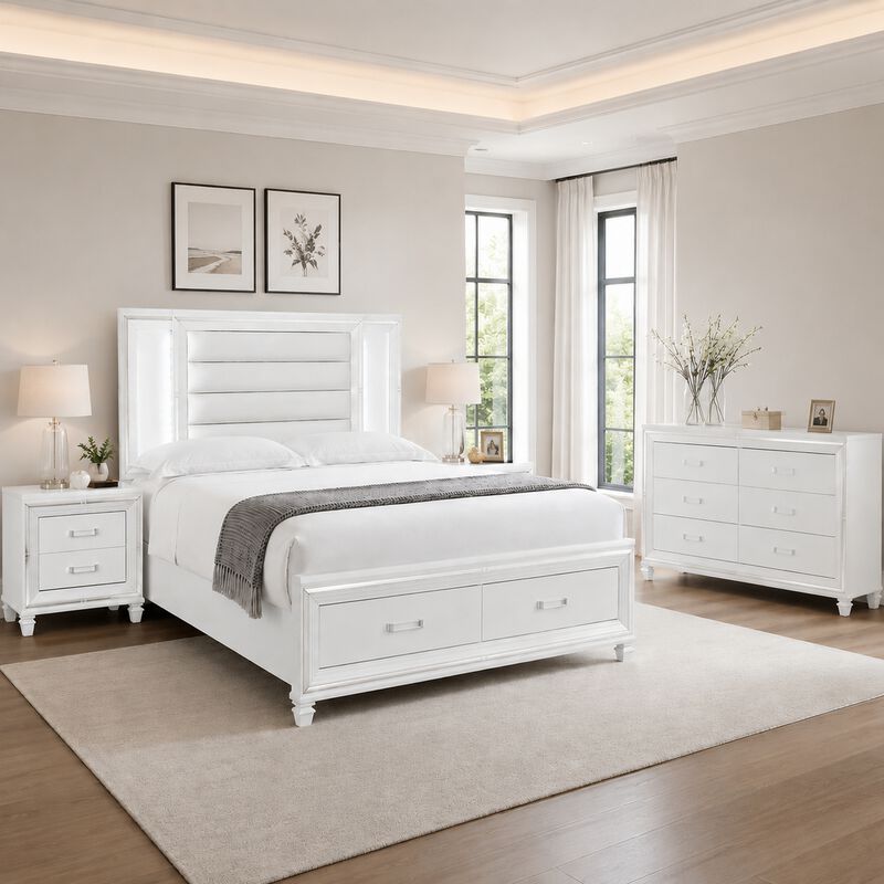 Queen Bedroom Set, White Wood, 4 Piece Set with 2 Nightstands and Dresser image number 8