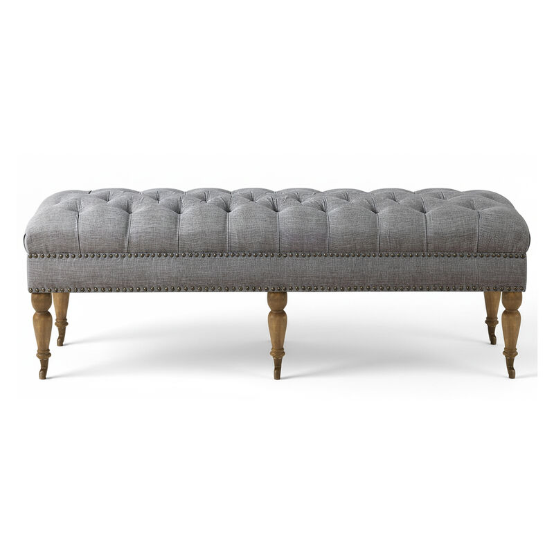 Button-Tufted Linen Bench with Nailhead Trim & Wooden Legs, Multi-Functional Storage Ottoman