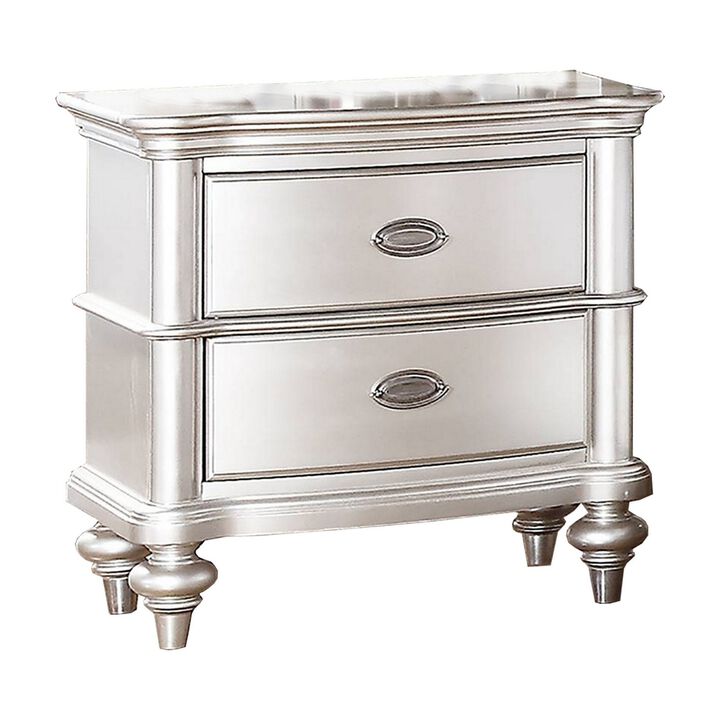 28 Inches 2 Drawer Wooden Nightstand with Turned Legs, Silver-Benzara