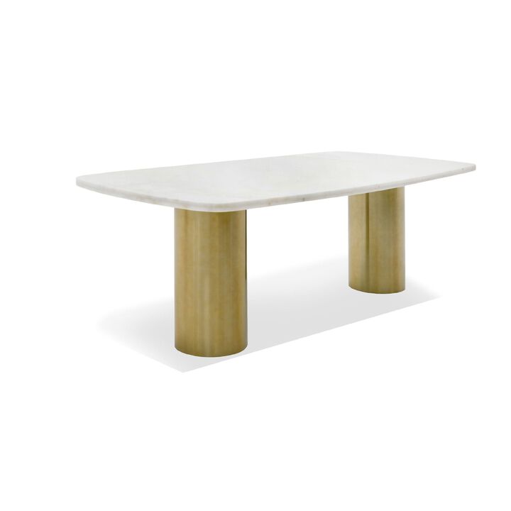 Cid Roci Dining Table, 87 Inch White Marble Top, Brushed Gold Metal Base