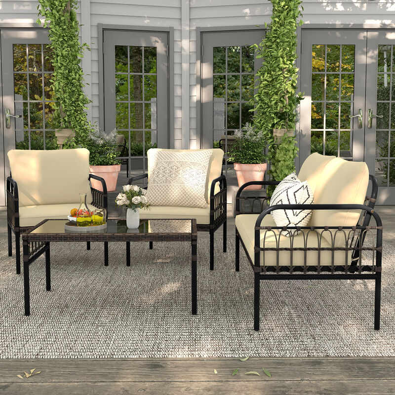 4 Pieces Outdoor Wicker Conversation Bistro Set with Soft Cushions and Tempered Glass Coffee Table-Brown