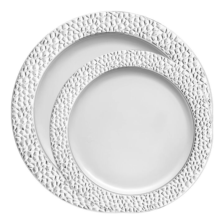 White with Silver Hammered Rim Plastic Dinnerware Value Set (40 Sets)