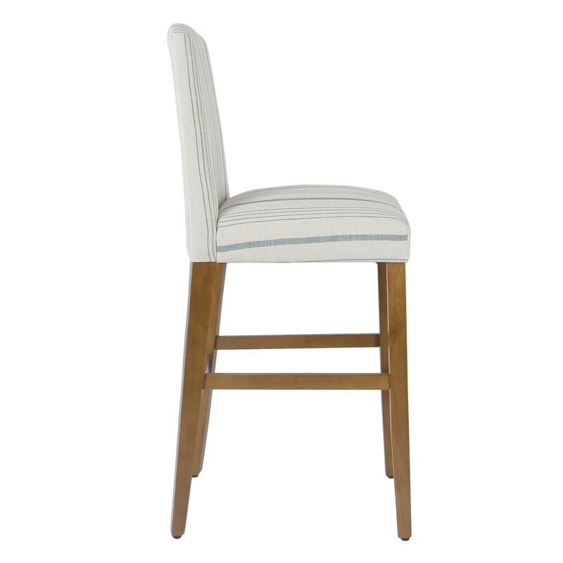 Fabric Upholstered Wooden Barstool with Striped Cushioned Seat, White and Blue image number 3
