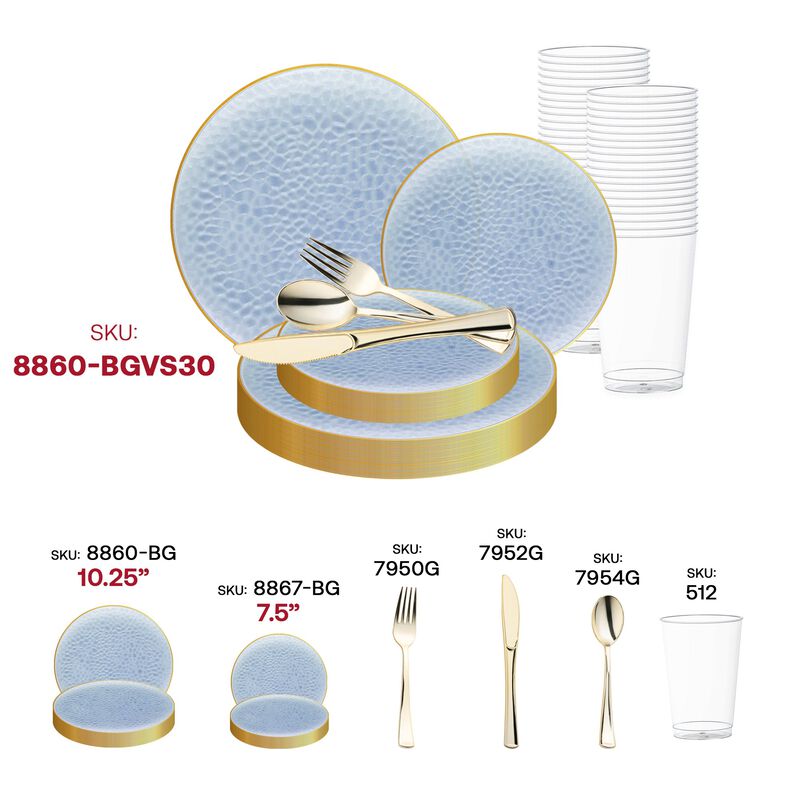 Clear Blue with Gold Rim Hammered Glass Plastic Wedding Value Set (60 Sets) image number 5