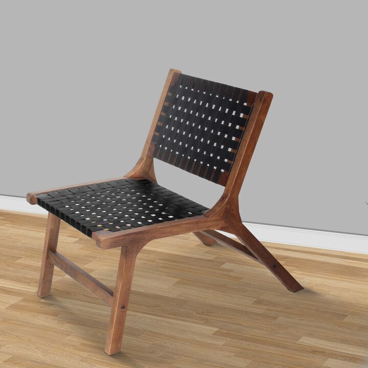 36 Inch Mango Wood Accent Chair, Woven Genuine Leather Seat, Walnut Brown, Black-Benzara