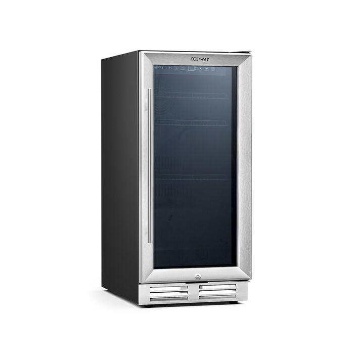 15 Inch 100 Can Built-in Freestanding Beverage Cooler Refrigerator with Adjustable Temperature and Shelf