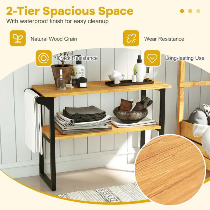 Hivvago 2-Tier Solid Teak Wood Bathroom Shelf with Towel Rack