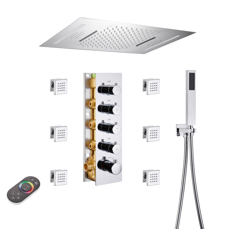 Mondawe 64 Colors LED Light and Music 3 Functions 4 Sprays Flush Ceiling Mounted Thermostatic Shower System with 6 Body Jets and Rough-in Valve in Titanium Gold